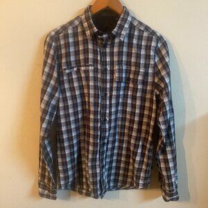 SANDINISTA SMALL BLACK/BROWN/WHITE LONG SLEEVE PLAID BUTTON DOWN SHIRT
